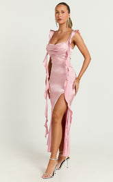 Tony Midi Dress - Frill Front Cowl Neck Dress in Pale Pink